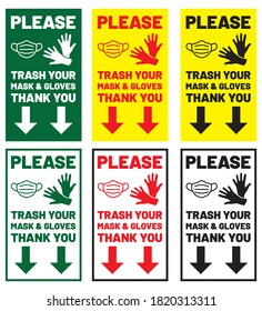 Please trash your mask & gloves Thank You sign, Disposing bin for used face mask and gloves, warning sign in public places and caution COVID-19. Vector for print sticker, web message.