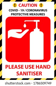 Benutzen Sie bitte den Handsanitizer. Corona Virus COVID-19 Sicherheitsmaßnahmen und Vorsichtsmaßnahmen Warnhinweise.  Infografiken Poster rote Farbe geeignet für Print.