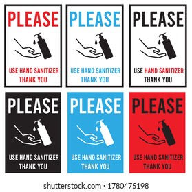 Please use hand sanitizer Thank you. Sticker Banner or website message template, and Content for precaution covid-19 pandemic situation vector eps