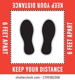 Please Wait Here. Keep Your Distance. Stop Wait Here Floor Sticker. Social Distancing Warning Sticker. Vector Text Illustration Background.