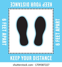 Please Wait Here. Keep Your Distance. Stop Wait Here Floor Sticker. Social Distancing Warning Sticker. Vector Text Illustration Background.