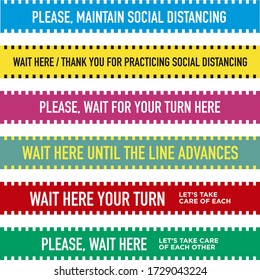 Please, Wait here. Set of floor bands to maintain social distance in stores and shops. Commercial floor stickers. Signs to avoid coronavirus.