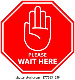  Please wait here, Social distancing sign for covid 19 outbreak 1-2 metter distance at public place, shopping center, shop, hospital, workplace. Vector Illustrator.