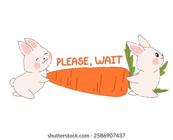 "Please, wait" vector design with a kawaii bunny. Concept for entertaining wait times. Suitable for websites, mobile interfaces, streaming platforms, digital products and marketing visuals