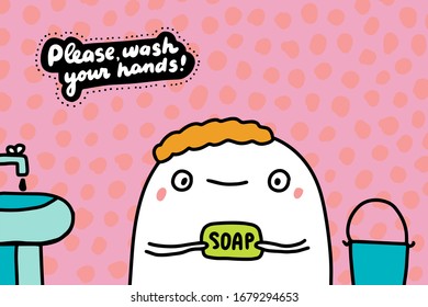 Please wash your hand drawn vector illustration in cartoon comic style man holding soap coronavirus infection protection textured background
