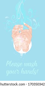 please wash your hand with soap - clip art with hands, water and soap foam - vector illustration
