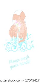 Bitte waschen Sie sich die Hand mit Seife - Clipkunst mit Händen, Wasser und Seifenschaum - Vektorillustration