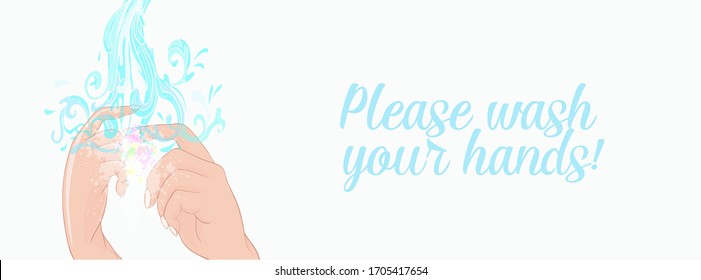 Bitte waschen Sie sich die Hand mit Seife - Clipkunst mit Händen, Wasser und Seifenschaum - Vektorillustration