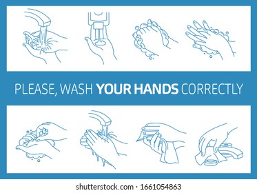 Please, wash your hands correctly. Informational poster. Vector illustration of Handwashing. Hands soaping and rinsing