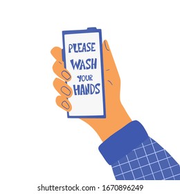 Please wash your hands hand drawn text on phone screen. Personal hygiene and disinfection notice. Vector illustration.