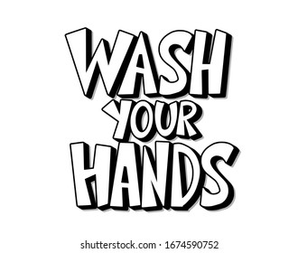 Please wash your hands hand drawn text. Personal hygiene and disinfection notice. Vector illustration.