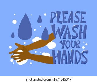 Please wash your hands hand drawn text. Personal hygiene and disinfection notice. Vector illustration.