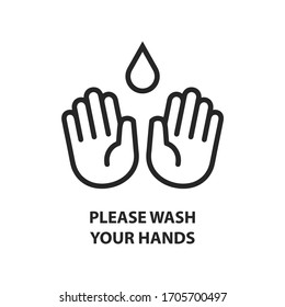 Por favor lávese sus manos Afiche de información con texto aislado en fondo blanco, ilustración vectorial del lavado de manos. Lavando las manos. Manos de lavado para mantener limpio el icono negro plano para sitios web e imprimir