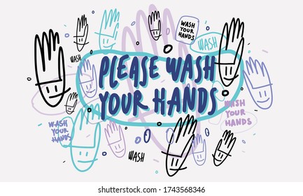 Please wash your hands label stamp print black and white vector illustration.
Hand draw vector illustration for flyers, shirts posters, cards, stickers, and professional design.