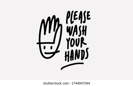 Por favor, lávese la marca de sus manos para imprimir la ilustración de vector en blanco y negro.
Dibujar a mano ilustración vectorial para volantes, afiches de camisas, tarjetas, pegatinas y diseño profesional.