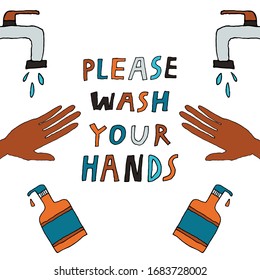 "Por favor, lávate las manos". Cartel dibujado a mano. Aislado sobre fondo blanco. Bolas, manos y jabón líquido. Concepto de higiene personal. Ilustración vectorial coloreada.