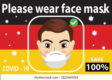 Bitte tragen Sie eine Gesichtsmaske, um das Covid-19-Virus zu vermeiden. Mann mit Maske auf deutschem Hintergrund. Warnzeichen oder Vorsicht. Vektor-Aufmerksamkeitszeichen.