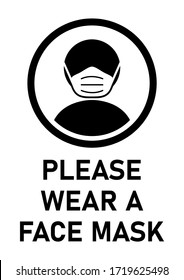 Please Wear A Face Mask Black And White Instruction Sign. Vector Image.