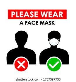 Please Wear a Face Mask, Caution sign, Keep safe distance, Concept during COVID-19, Vector Illustration EPS10.