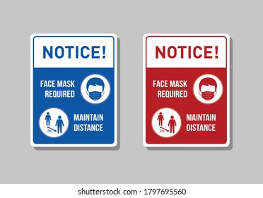 Please wear face mask and keep social distance. Notice board. Wall warning sign for public place. Covid-19 infection spreading prevention information. Coronovirus protective. 