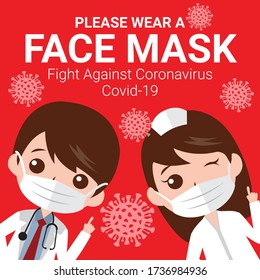 Please wear a face mask message with doctor and nurse characters.