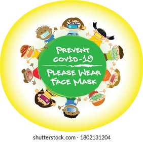 Please wear face mask to prevent COVID-19. A diverse group of kids wearing face masks, during Coronavirus (Covid-19) pandemic.