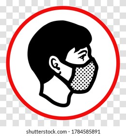 Please wear a face mask symbol concept. Human face with mask in a red circle. Warning, attention or caution vector sign, instruction icon on transparent background, EPS8.