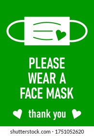 "Please Wear a Face Mask, Thank You" Vertical Warning Sign with Mask and Heart Icons. Vector Image.