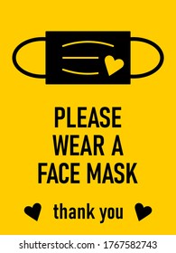 Please Wear a Face Mask Thank You Horizontal Warning Sign with Mask and Heart Icons. Vector Image.