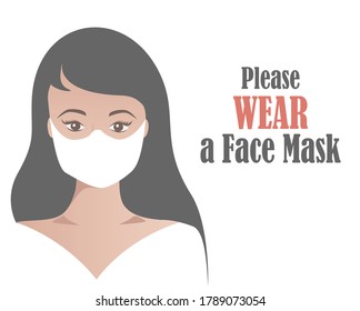 Please wear a face mask vector. Beautiful woman wearing a mask for protection.