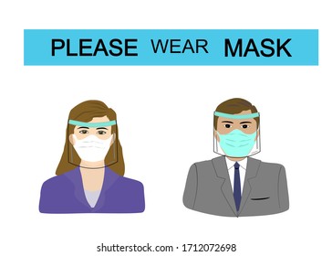 PLEASE WEAR MASK man and woman at office wear face mask and face shield to protect coronavirus pandemic.COVID-19 crisis.CORONA Virus.