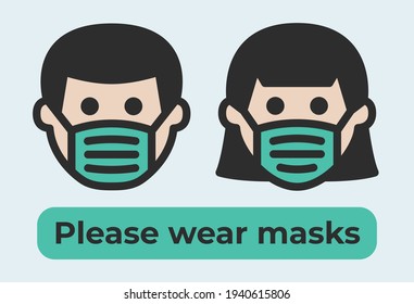 Please wear mask, Mask required, No mask No entry, Preventive Covid19 Safety Icon Sign Vector Illustration.