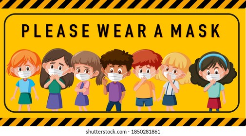 Please wear a mask sign or banner with group of teenager illustration