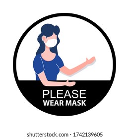 Please wear mask sign. New normal social distancing during covid-19 coronavirus outbreak. People wearing mask. Health care and medical flat character vector.