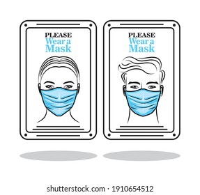 Please wear a mask signage male and female illustration