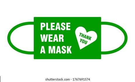 Please Wear a Mask Thank You Warning Sign in a Face Mask Shape with a Heart Symbol. Vector Image.