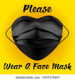 Please Wear a Mask Thank You Warning Sign with a Face Mask Shape and Heart Symbol. Vector Image. Black mask on yellow background