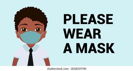 Please wear a mask. Vector boy. Protect virus banner. Cartoon character. Social distancing.