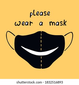 Please wear medical face mask - halloween poster, simple illustration and lettering in flat style. Measures to reduce risk of infection with Covid-19 coronavirus on holiday. Vector icon isolated