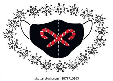 Please wear medical face mask - vector winter christmas poster with simple illustration and lettering in flat style. Measures to reduce risk of infection with Covid-19 coronavirus on xmas holiday