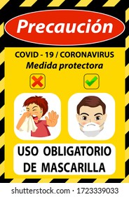 Please wearing mask Spain language " USO OBLIGATORIO DE MASCARILLA " Coronavirus preventive signs. Basic protective measures against the corona virus. Covid-19 advice for customer before entry shop.