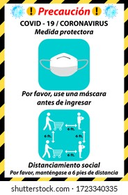 Please wearing mask Spain language " Por favor, use máscara antes de entrada ". Basic protective measures against the corona or Covid-19 virus sign for Supermarket, Shop, Hospital, Office, Fast food. 