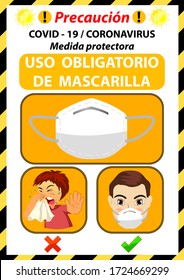 Please wearing mask Spainish language " USO OBLIGATORIO DE MASCARILLA " Coronavirus preventive signs against the corona virus. Covid-19 advice for customer before entry shop.