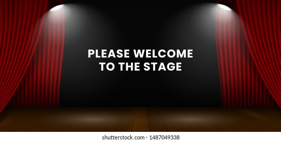 Please welcome to the stage background design. Open red theater stage curtain with wooden floor base and double bright spotlight lamp vector illustration. Poster banner show back drop template.