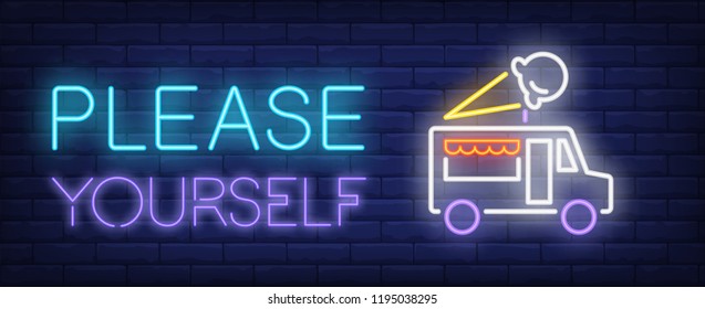 Please yourself neon text with ice-cream truck. Dessert, cafe, food and advertisement design. Night bright neon sign, colorful billboard, light banner. Vector illustration in neon style.