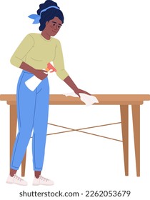 Pleased adult lady wiping table with cloth semi flat color vector character. Editable figure. Full body person on white. Simple cartoon style illustration for web graphic design and animation