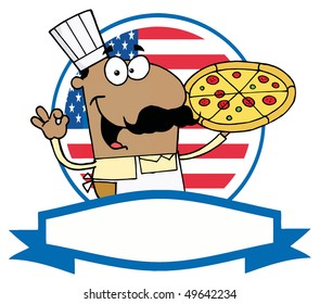 Pleased African American Pizza Chef With His Perfect Pie  In Front Of Flag Of USA