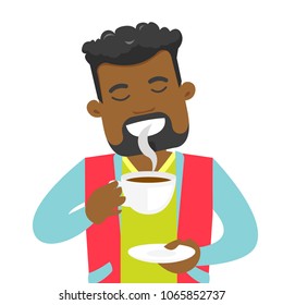 Pleased african-american man with closed eyes drinking hot flavored coffee. Young man holding a cup of coffee with steam. Vector cartoon illustration isolated on white background. Square layout.