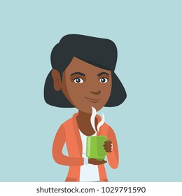 Pleased african-american woman drinking hot flavored coffee. Young smiling woman holding a cup of coffee with steam. Woman enjoying coffee. Vector cartoon illustration. Square layout.