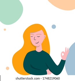 pleased blonde woman shows ok on her fingers that everything will be fine on a background with multi-colored ovals. Vector, flat illustration EPS. 